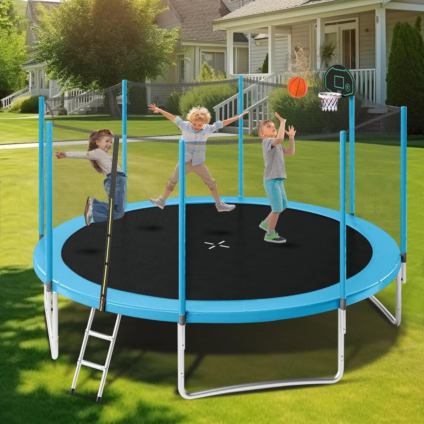 Trampoline 14FT 16FT Trampoline for Kids and Adults with Basketball Hoop, Enclosure Net & Ladder 1500LBS ASTM Approved Outdoor Recreational Trampolines