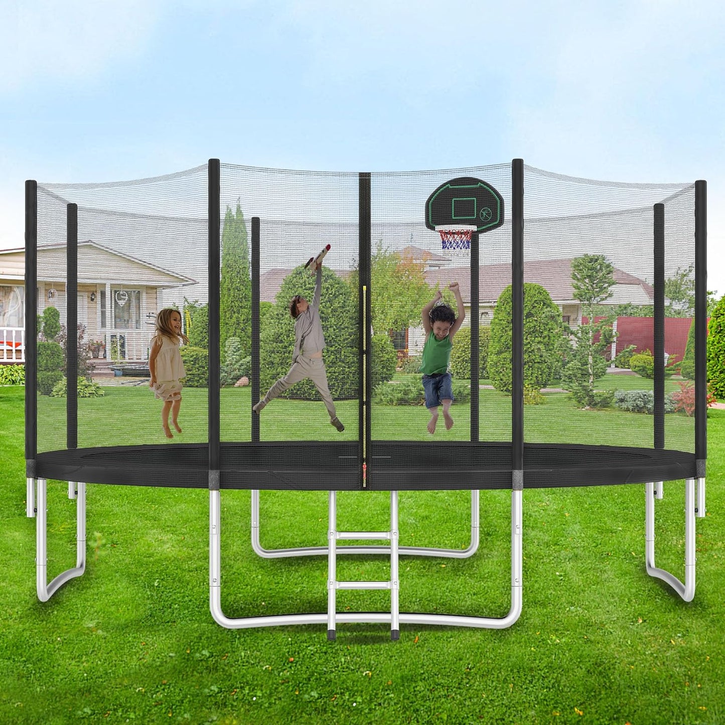 Trampoline 14FT 16FT Trampoline for Kids and Adults with Basketball Hoop, Enclosure Net & Ladder 1500LBS ASTM Approved Outdoor Recreational Trampolines
