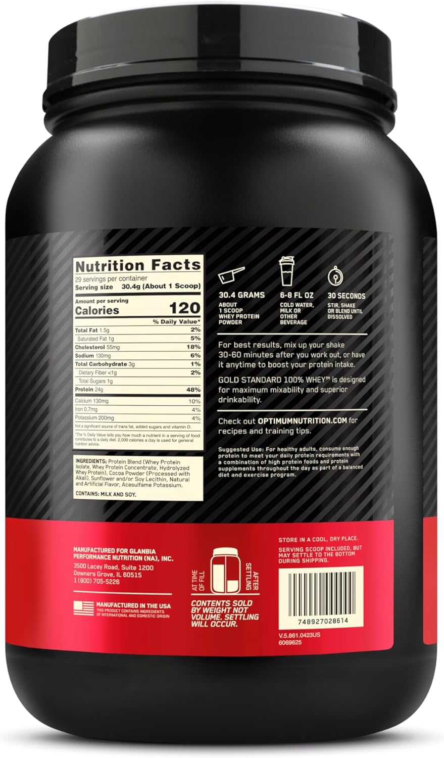 Gold Standard 100% Whey Protein Powder, Double Rich Chocolate, 2 Pound (Packaging May Vary)