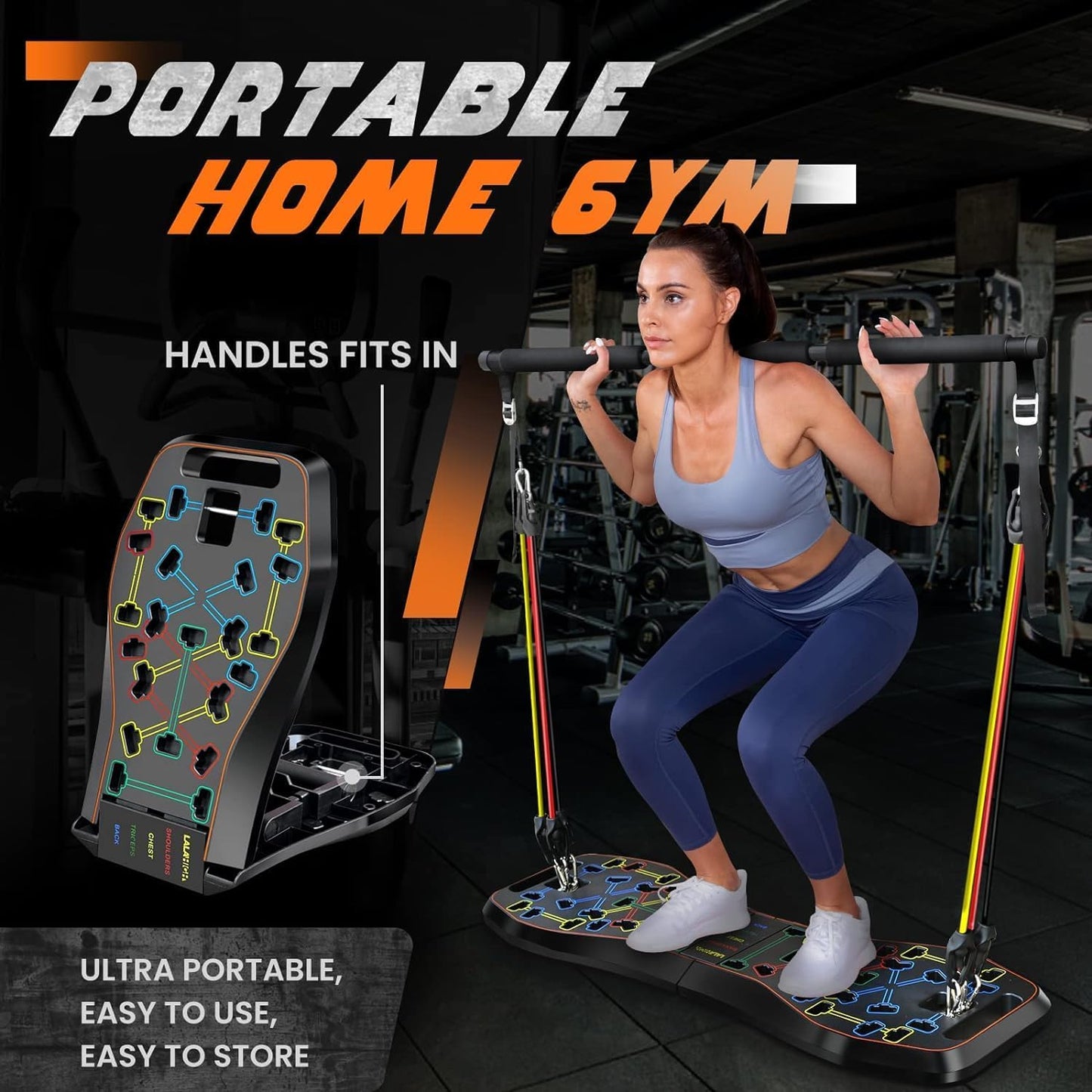 Portable Home Gym System: Large Compact Push up Board, Pilates Bar & 20 Fitness Accessories with Resistance Bands Ab Roller Wheel - Full Body Workout for Men and Women, Gift for Boyfriend