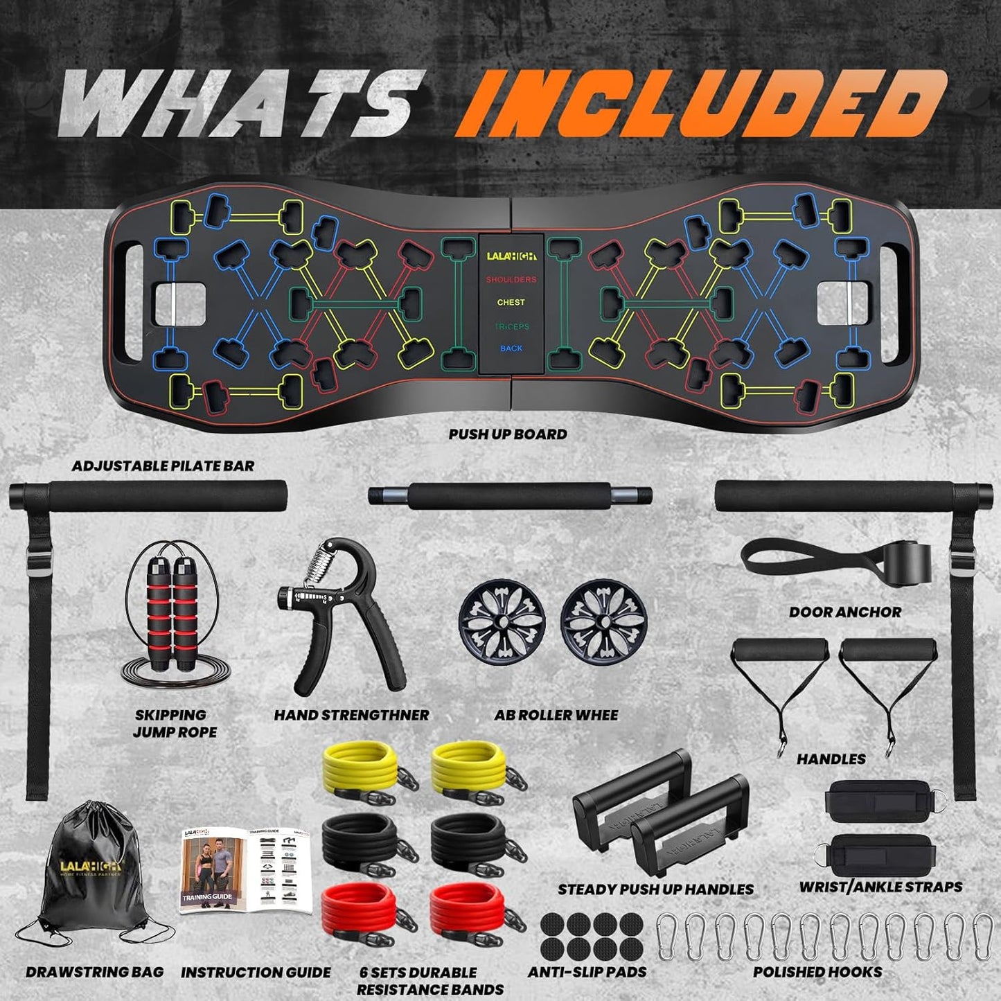 Portable Home Gym System: Large Compact Push up Board, Pilates Bar & 20 Fitness Accessories with Resistance Bands Ab Roller Wheel - Full Body Workout for Men and Women, Gift for Boyfriend