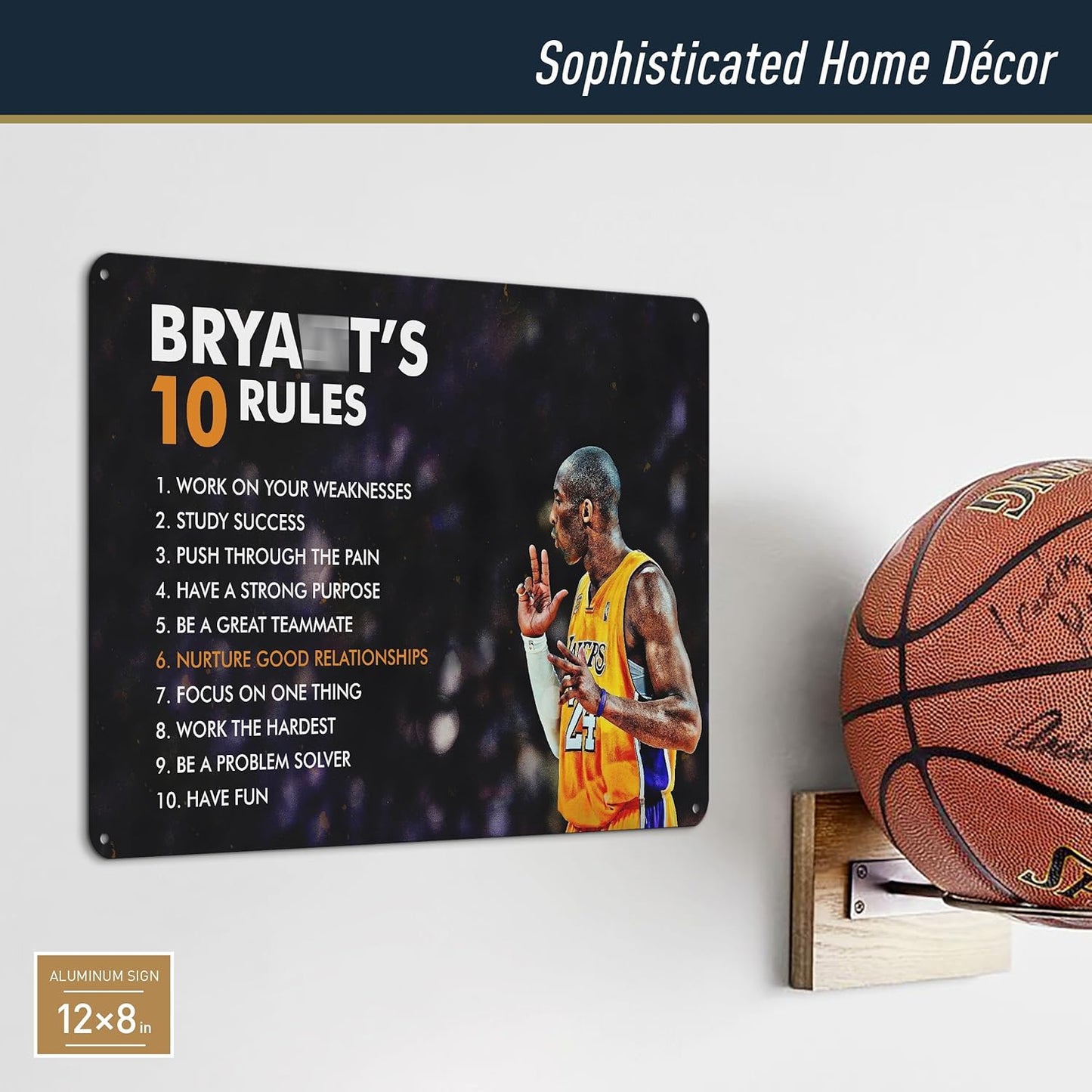 Bryant'S 10 Rules - the Champion’S Mindset Motivational Basketball Metal Print Poster. Sports Poster Wall Art for Home,Office,Locker Room,Gym Décor. a Champions Rules to Be Your Best! - 12 X 8 In