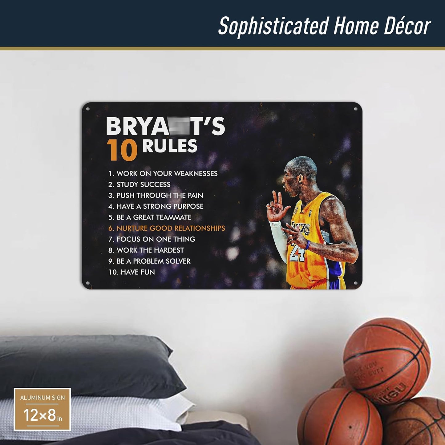 Bryant'S 10 Rules - the Champion’S Mindset Motivational Basketball Metal Print Poster. Sports Poster Wall Art for Home,Office,Locker Room,Gym Décor. a Champions Rules to Be Your Best! - 12 X 8 In