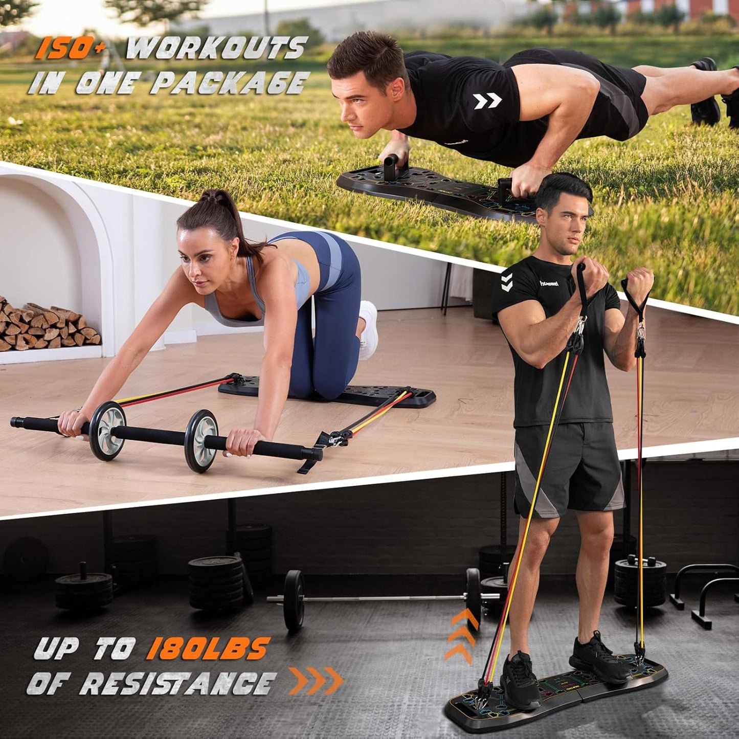Portable Home Gym System: Large Compact Push up Board, Pilates Bar & 20 Fitness Accessories with Resistance Bands Ab Roller Wheel - Full Body Workout for Men and Women, Gift for Boyfriend