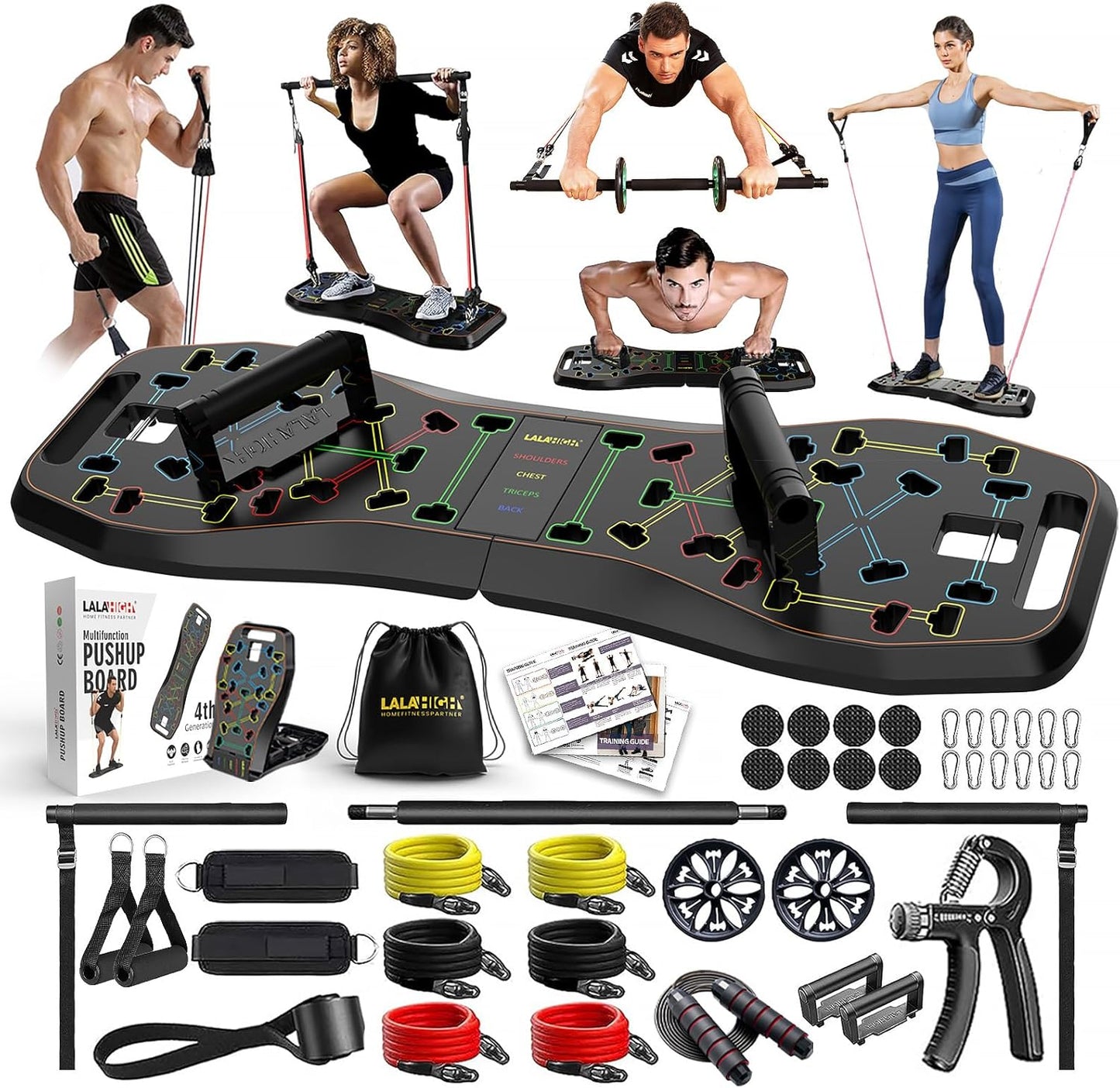 Portable Home Gym System: Large Compact Push up Board, Pilates Bar & 20 Fitness Accessories with Resistance Bands Ab Roller Wheel - Full Body Workout for Men and Women, Gift for Boyfriend