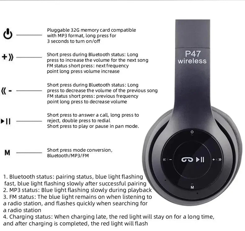 Stereo P47 Headset 5.0 Bluetooth Headset Folding Series Wireless Sports Game Headset for iPhone XiaoMi
