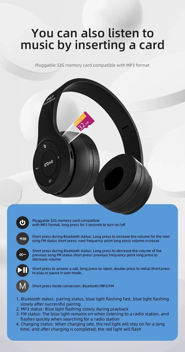 Stereo P47 Headset 5.0 Bluetooth Headset Folding Series Wireless Sports Game Headset for iPhone XiaoMi