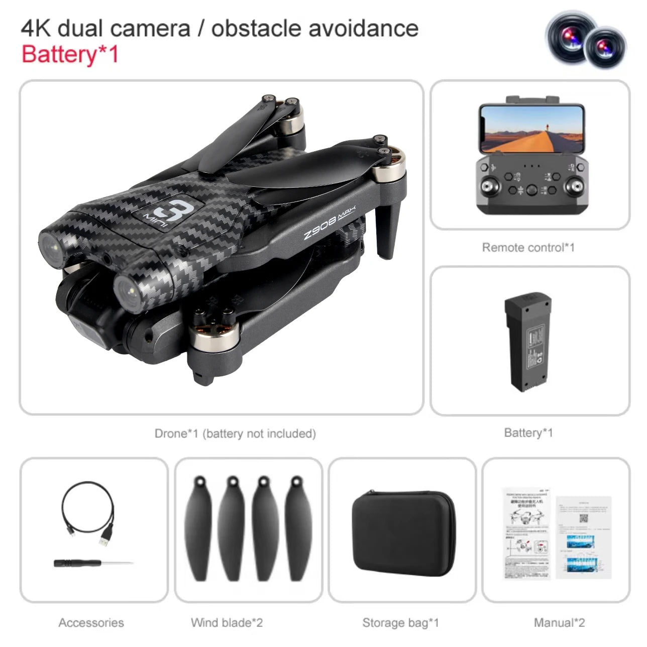 KBDFA MINI Z908Pro Max Drone 4K ESC Professional WIFI FPV Dron Obstacle Avoidance Brushless Four-Axis Folding RC Quadcopter Toys
