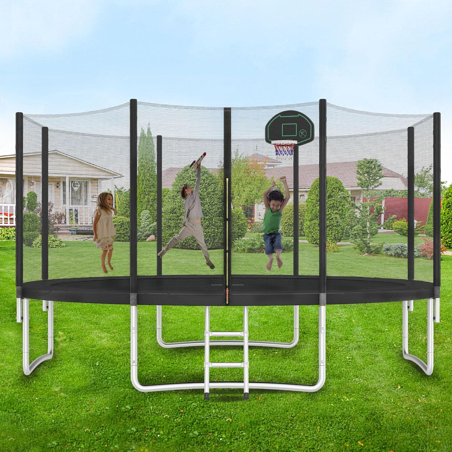 Trampoline 14FT 16FT Trampoline for Kids and Adults with Basketball Hoop, Enclosure Net & Ladder 1500LBS ASTM Approved Outdoor Recreational Trampolines