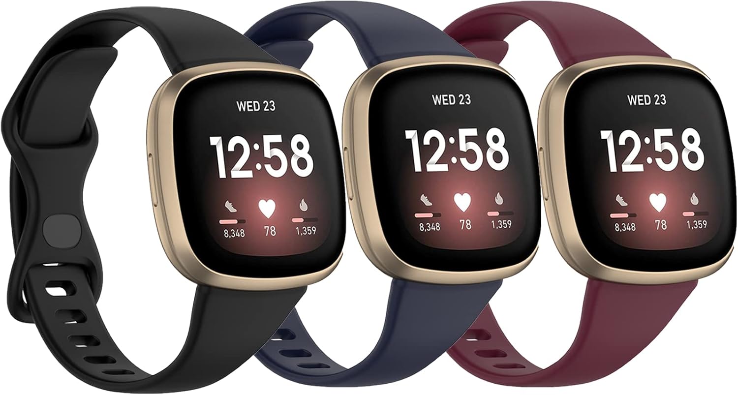 [3 PACK] Silicone Slim Band Compatible with Fitbit Versa 4 Bands Women Men, Soft Narrow Sport Strap Wristbands for Versa 4/Versa 3/Sense 2/Sense
