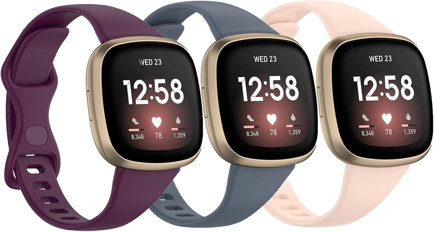 [3 PACK] Silicone Slim Band Compatible with Fitbit Versa 4 Bands Women Men, Soft Narrow Sport Strap Wristbands for Versa 4/Versa 3/Sense 2/Sense