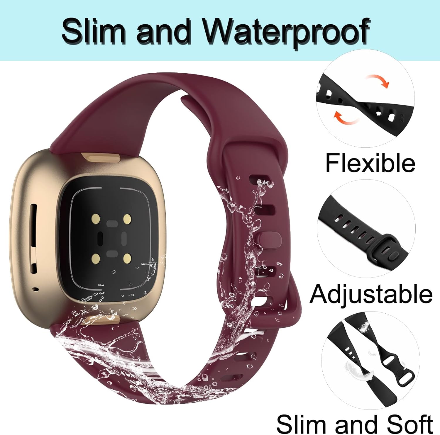 [3 PACK] Silicone Slim Band Compatible with Fitbit Versa 4 Bands Women Men, Soft Narrow Sport Strap Wristbands for Versa 4/Versa 3/Sense 2/Sense