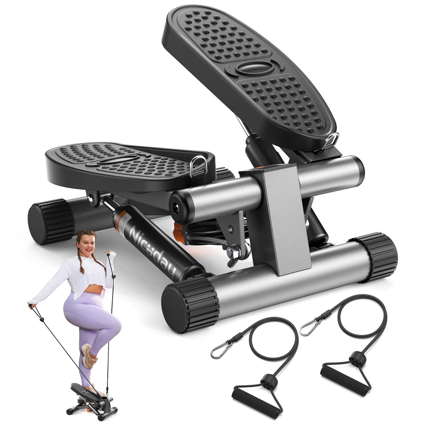 Niceday Steppers for Exercise, Stair Stepper with Resistance Bands, Mini Stepper with 300LBS Loading Capacity, Hydraulic Fitness Stepper with LCD Monitor