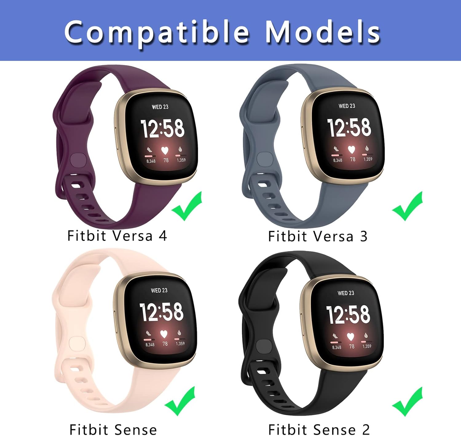 [3 PACK] Silicone Slim Band Compatible with Fitbit Versa 4 Bands Women Men, Soft Narrow Sport Strap Wristbands for Versa 4/Versa 3/Sense 2/Sense
