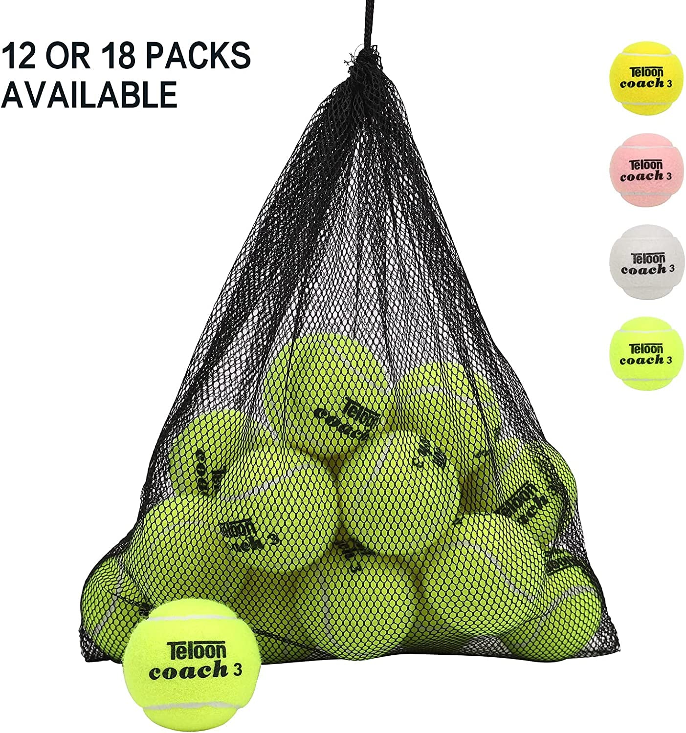 Pressureless Training Tennis Balls - Available in 12 or 18 Count with Mesh Carry Bag, Four Color Options for Beginners