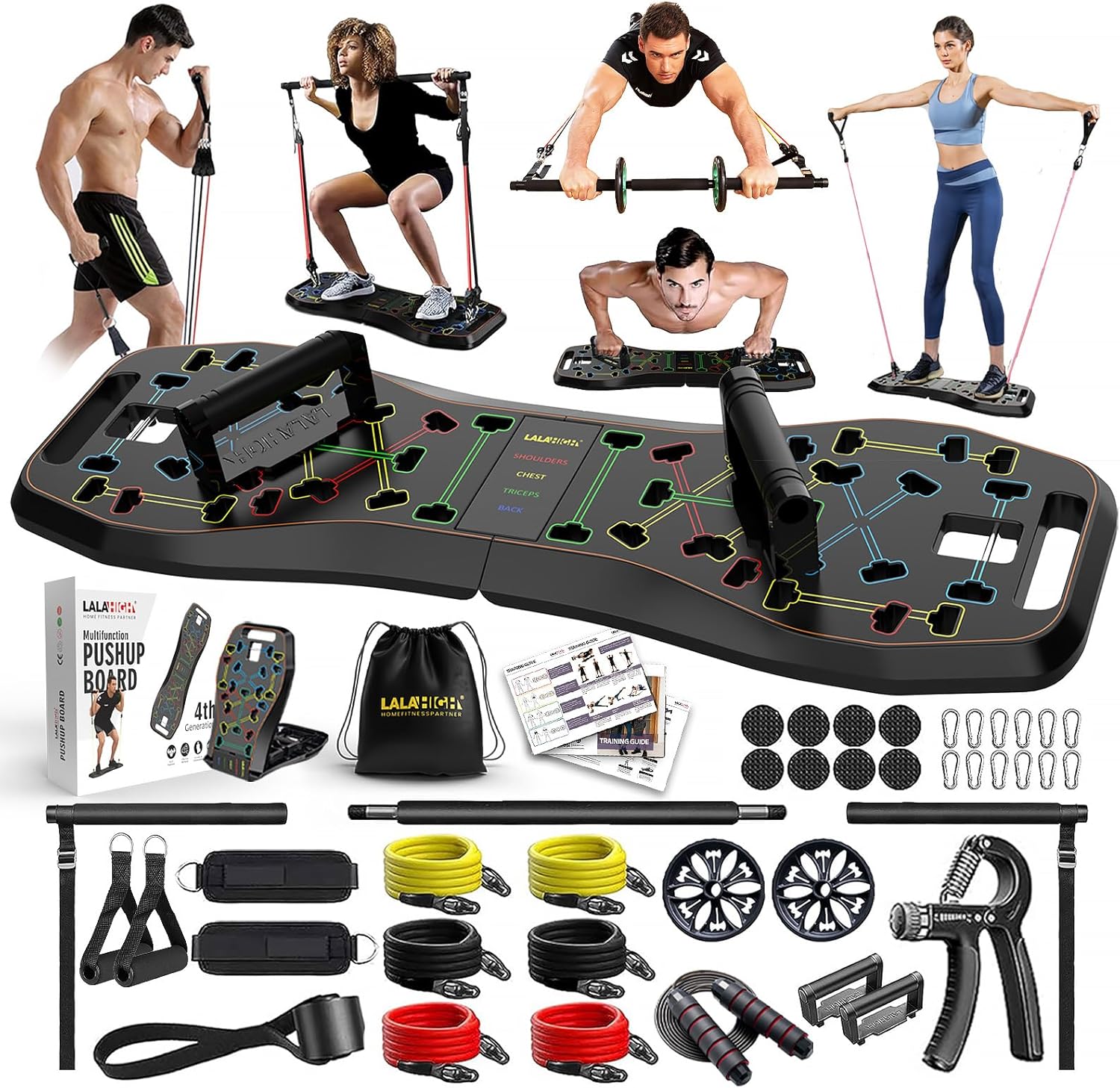 Portable Home Gym System: Large Compact Push up Board, Pilates Bar & 20 Fitness Accessories with Resistance Bands Ab Roller Wheel - Full Body Workout for Men and Women, Gift for Boyfriend