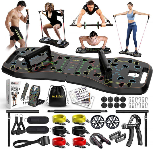 Portable Home Gym System: Large Compact Push up Board, Pilates Bar & 20 Fitness Accessories with Resistance Bands Ab Roller Wheel - Full Body Workout for Men and Women, Gift for Boyfriend