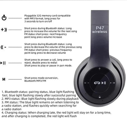 Stereo P47 Headset 5.0 Bluetooth Headset Folding Series Wireless Sports Game Headset for iPhone XiaoMi