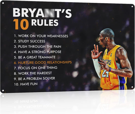 Bryant'S 10 Rules - the Champion’S Mindset Motivational Basketball Metal Print Poster. Sports Poster Wall Art for Home,Office,Locker Room,Gym Décor. a Champions Rules to Be Your Best! - 12 X 8 In